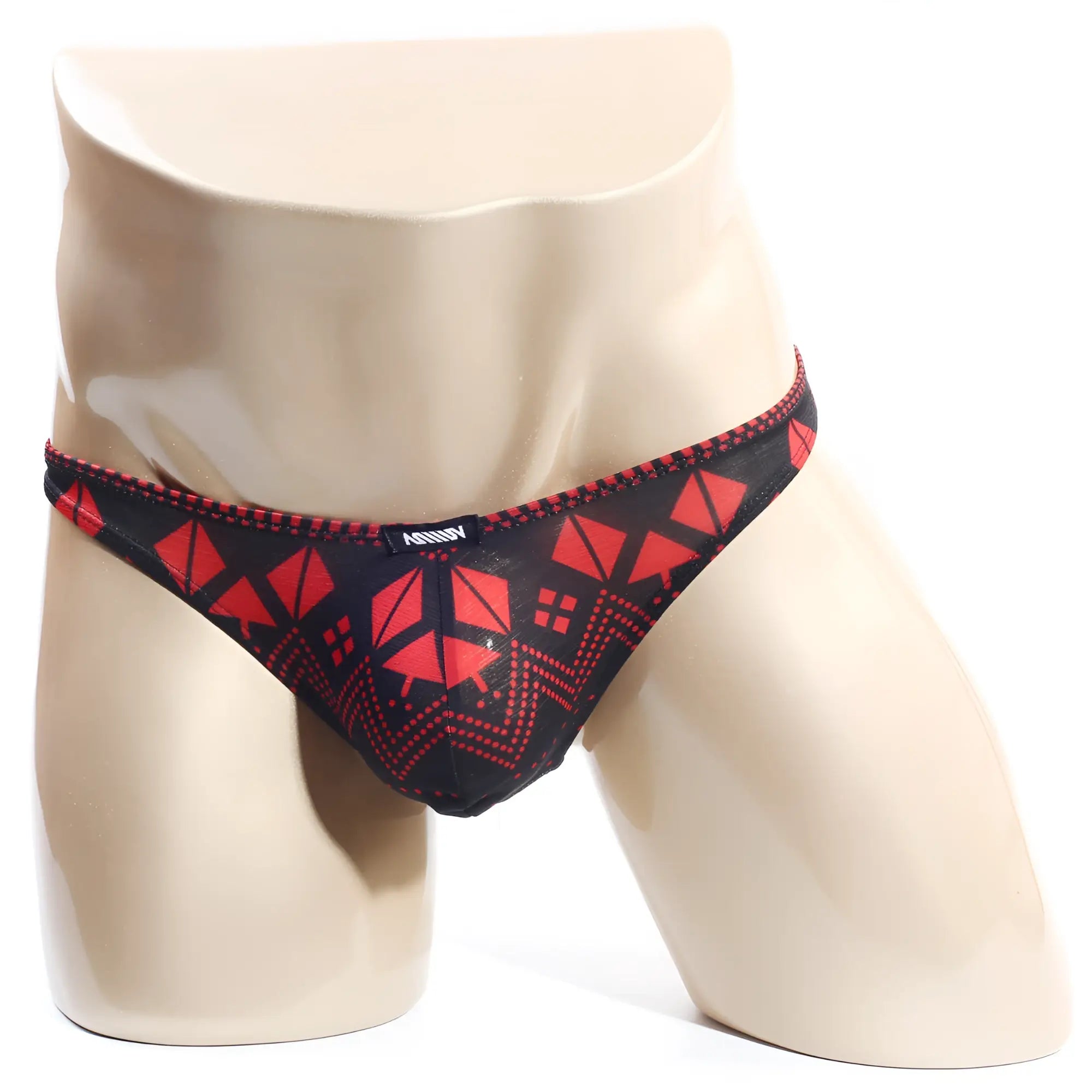 MetroMaleWear Spade Thong 2302-74 men’s briefs with black and red geometric pattern and mesh fabric finish