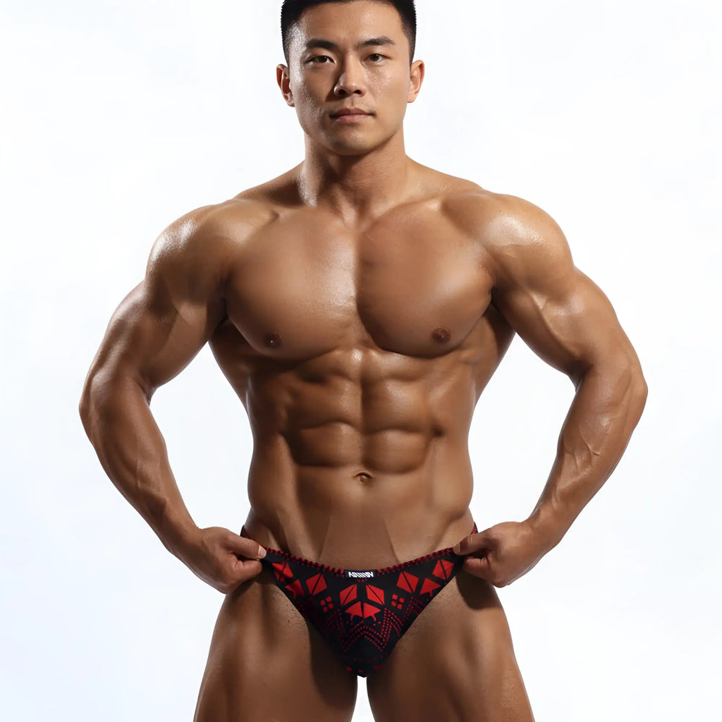 Black and red geometric patterned athletic briefs MetroMaleWear Spade Thong 2302-74 for active wear