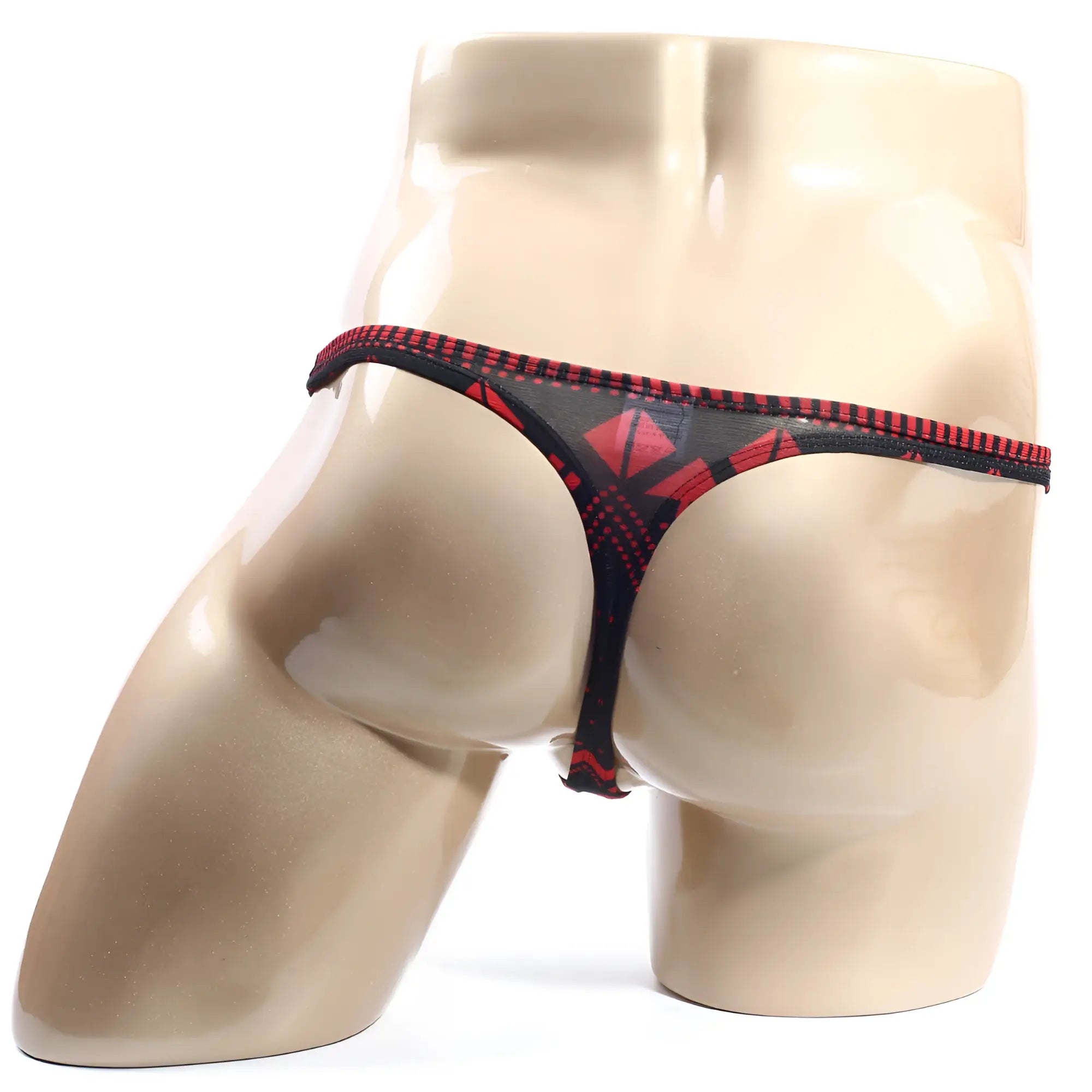 Black and red patterned thong with geometric design from MetroMaleWear Spade Thong 2302-74 showing front view