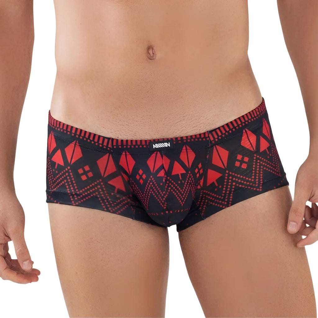 MetroMaleWear spade trunk 2125-36 black and red men’s briefs with bold tribal-inspired geometric pattern