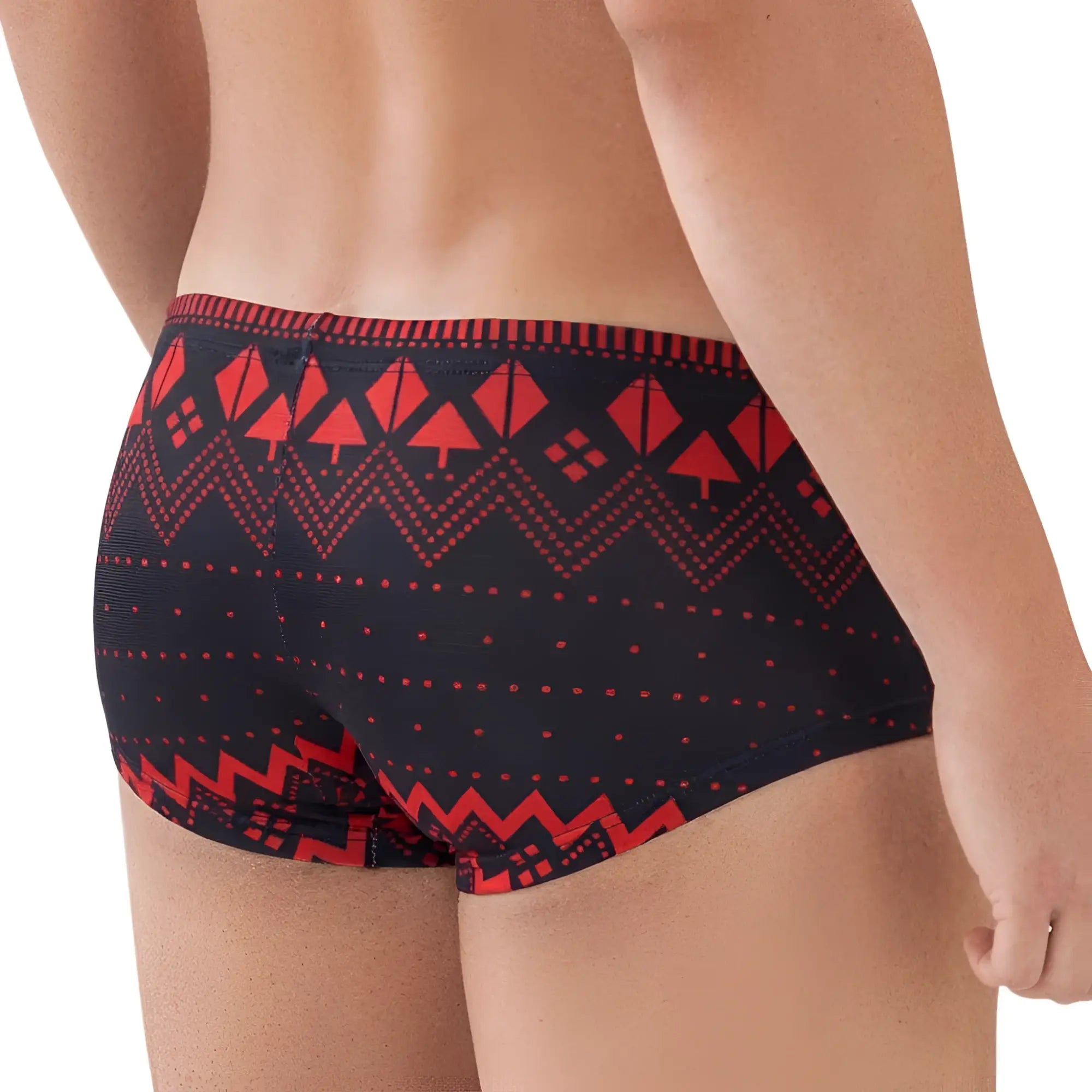 Black swim trunks with bold red geometric zigzags triangles and dotted lines metroMalewear spade trunk 2125-36