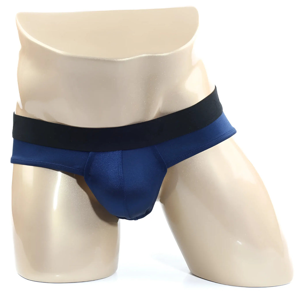 Navy blue satin briefs with a contrasting black elastic waistband from metromalewear spark brief dark blue 5006-27