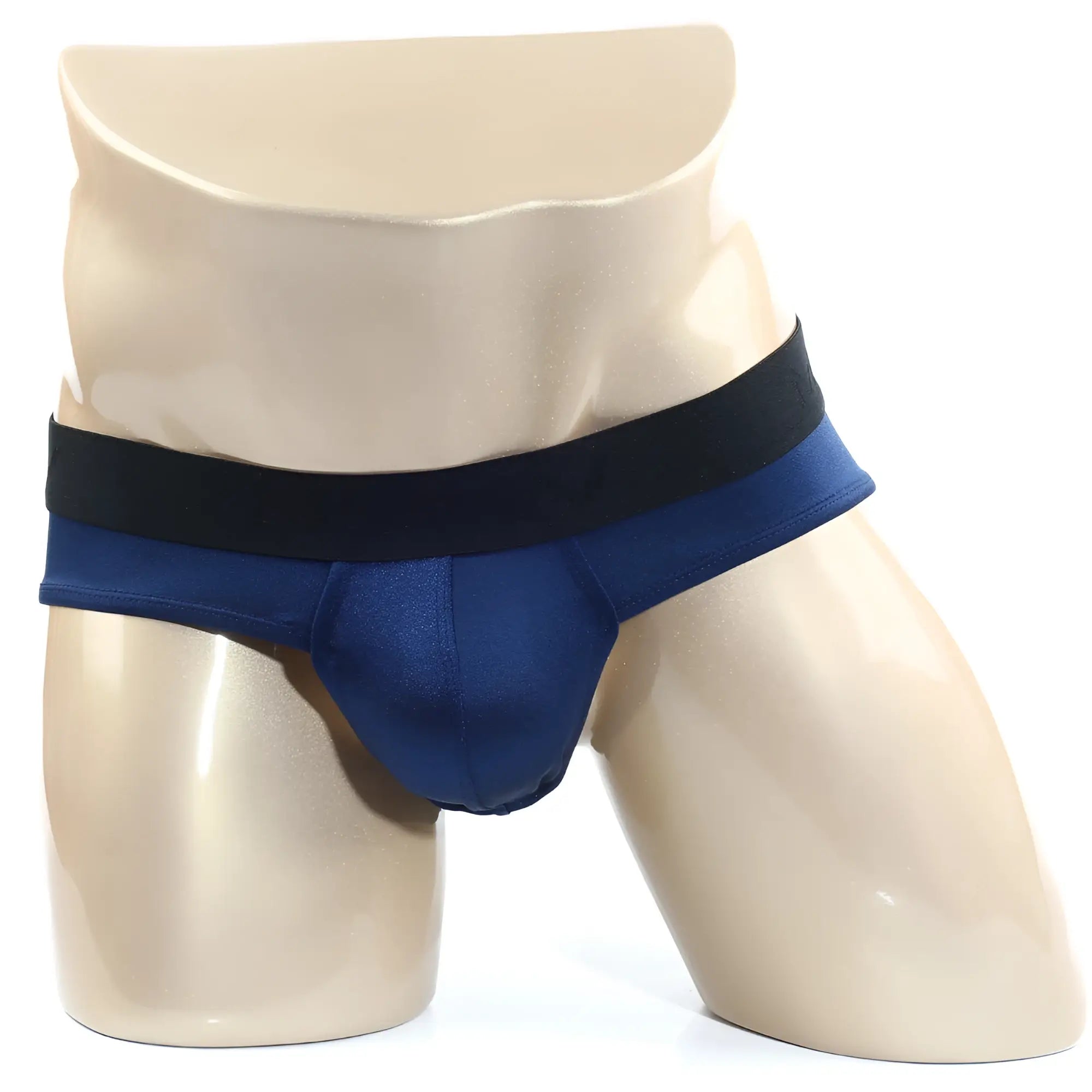 Navy blue satin briefs with a contrasting black elastic waistband from metromalewear spark brief dark blue 5006-27