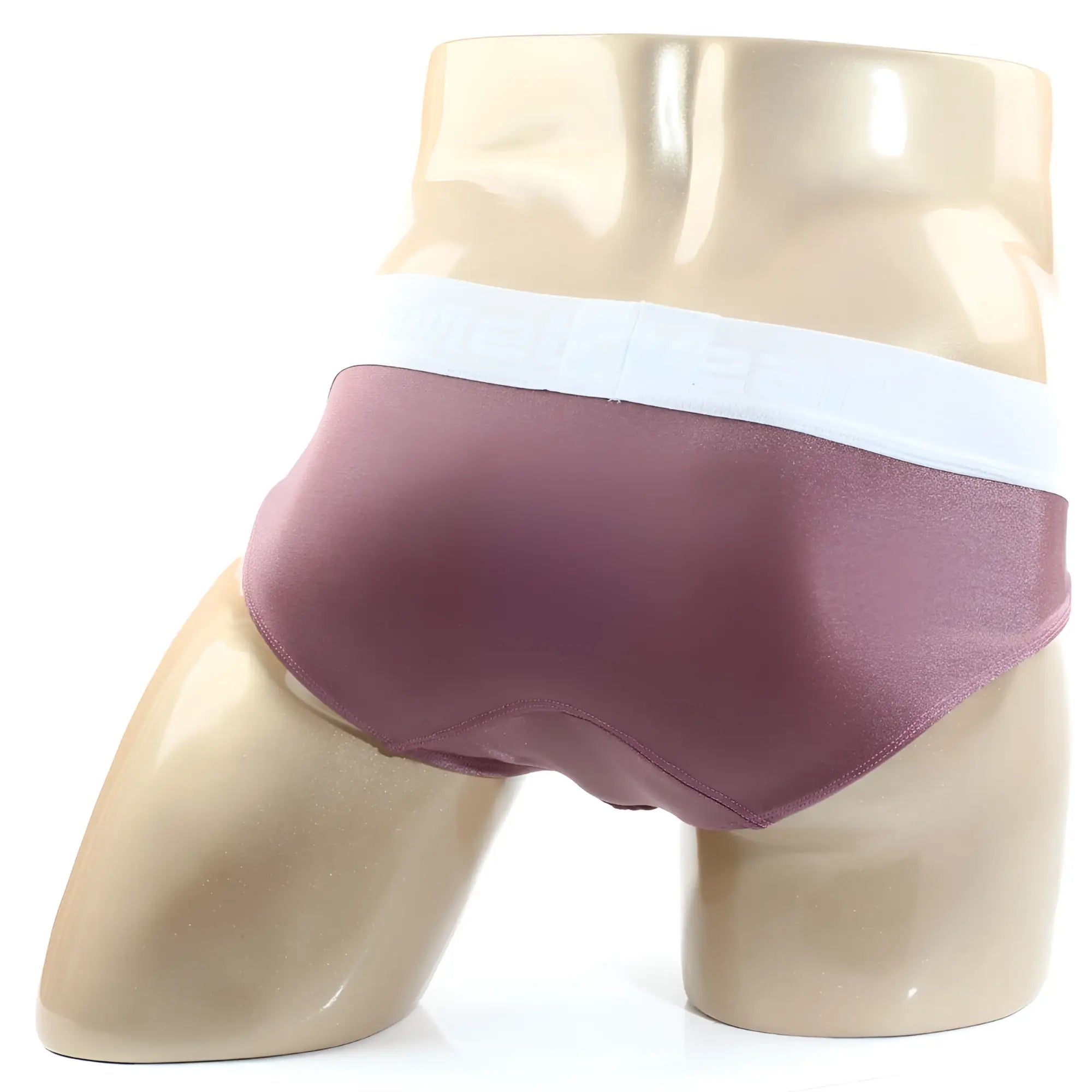 A mauve satin brief with a white elastic waistband from MetroMaleWear spark brief pink 5006-02 collection