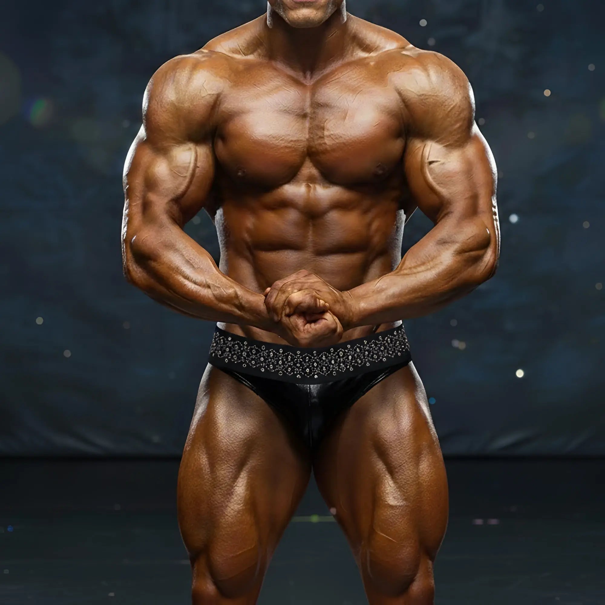 Black satin swim briefs with a sparkling silver beaded waistband by MetroMaleWear model 4946-40
