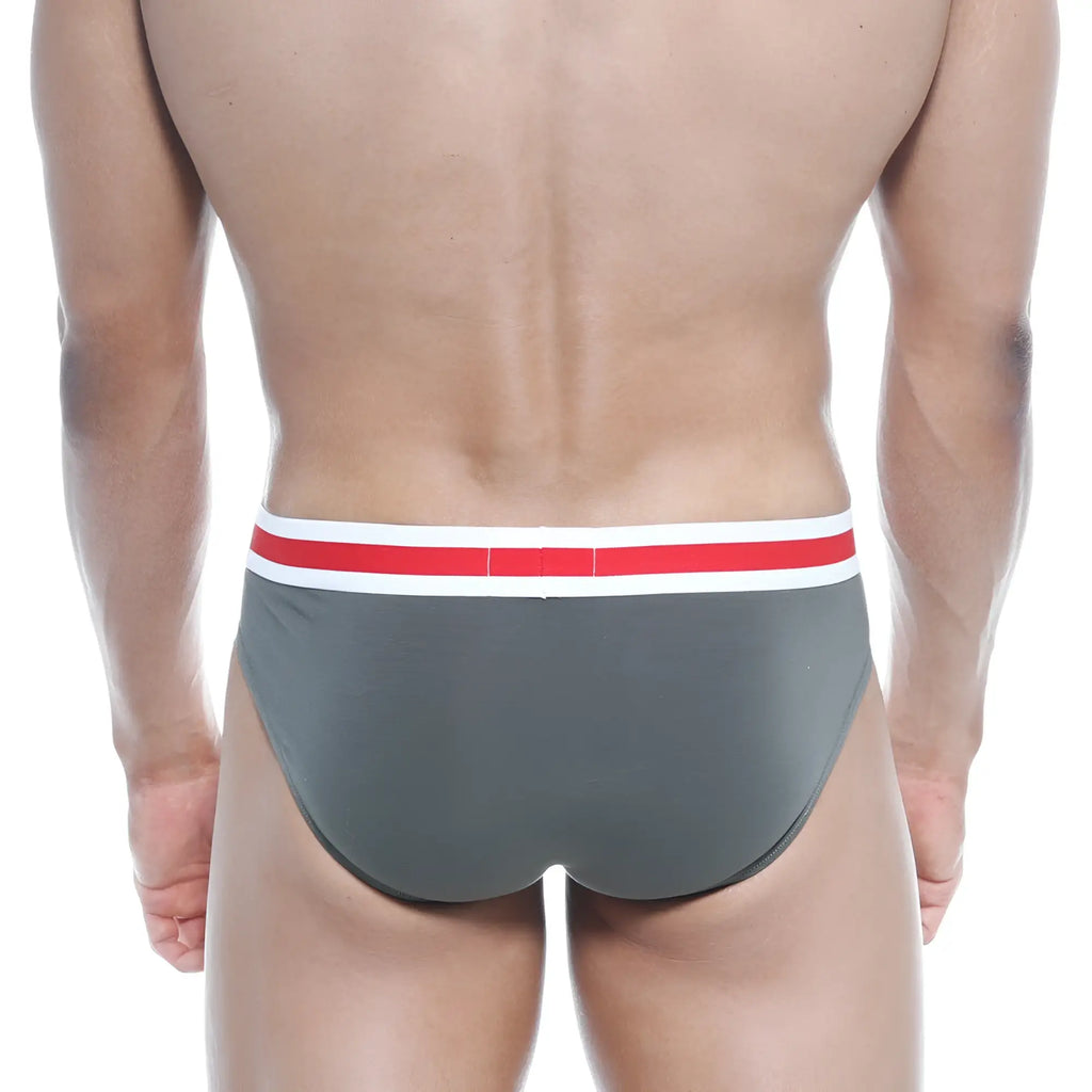Gray briefs with a red and white striped waistband from metromalewear spartacus brief green 3804-26 collection