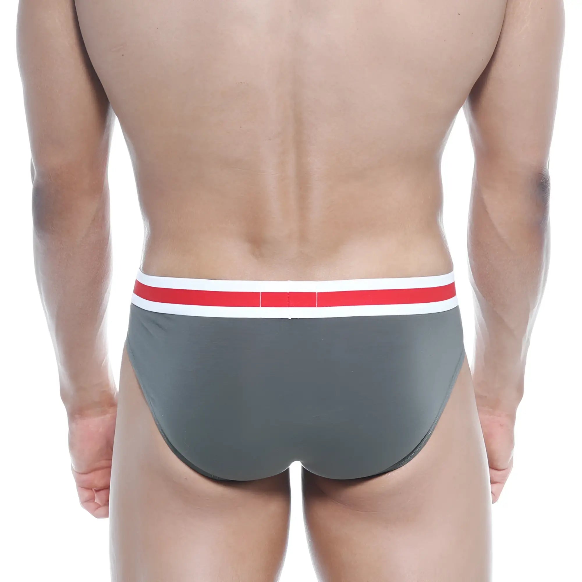 Gray briefs with a red and white striped waistband from metromalewear spartacus brief green 3804-26 collection