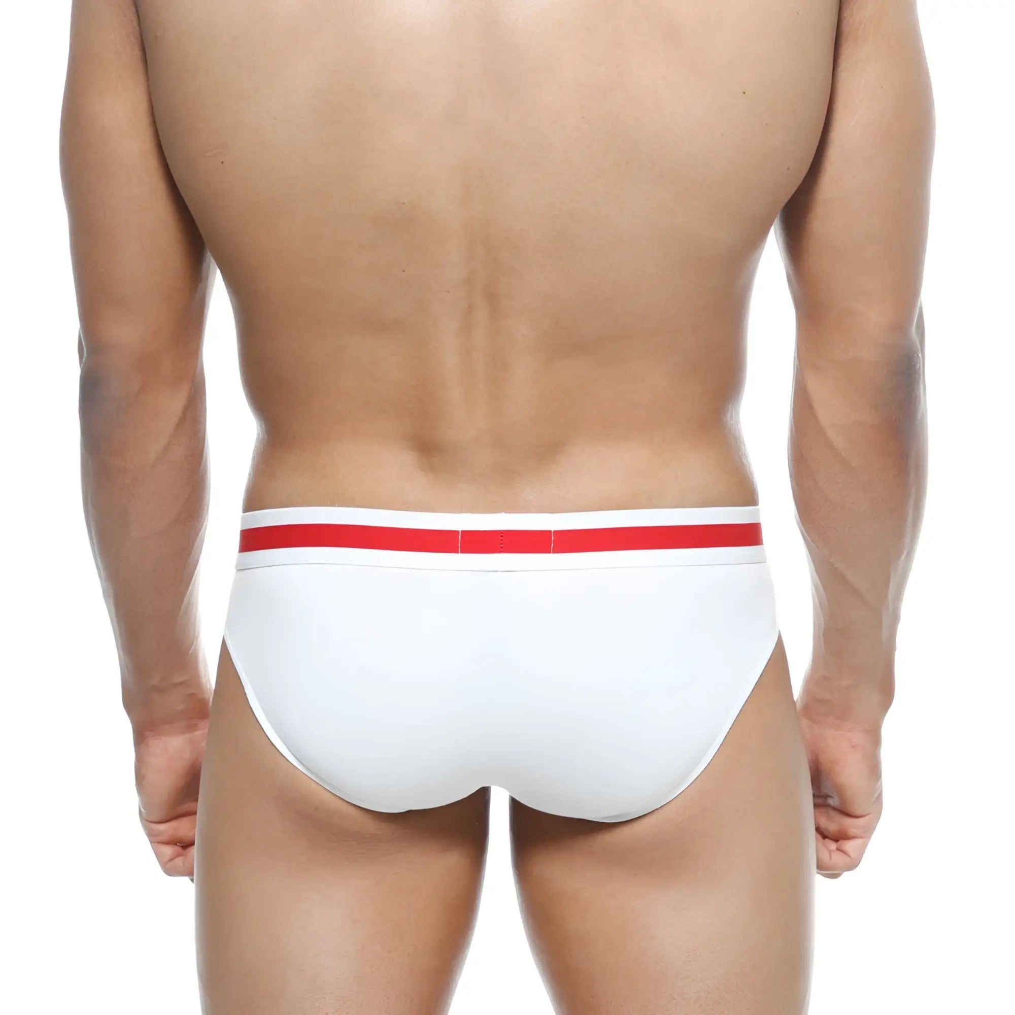 White briefs with a bold red stripe across the waistband from MetroMaleWear Spartacus Brief 3804-00