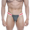 Gray athletic briefs with red and white striped waistband from metromalewear spartacus thong green 3802-26 collection