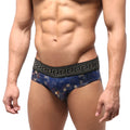 Blue lace briefs with black greek key pattern waistband and metallic gold accents from metromalewear special edition