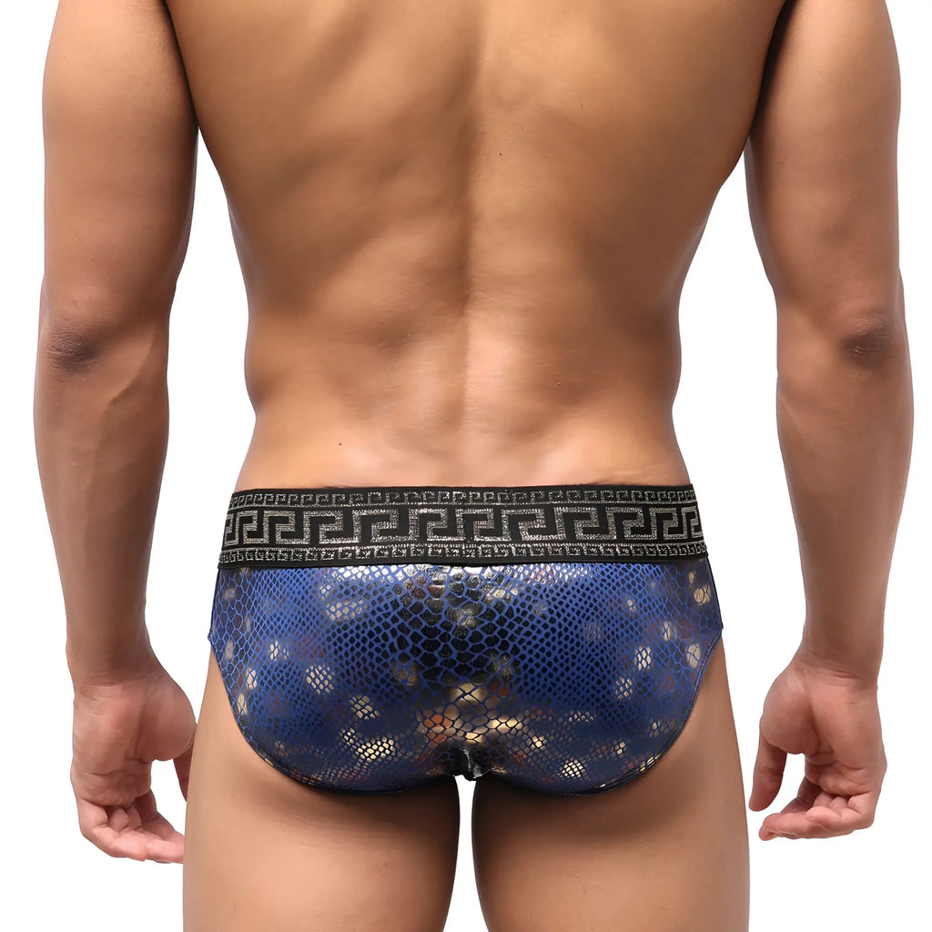 Blue snakeskin-patterned mens briefs with black greek key waistband from MetroMaleWear special edition swim brief