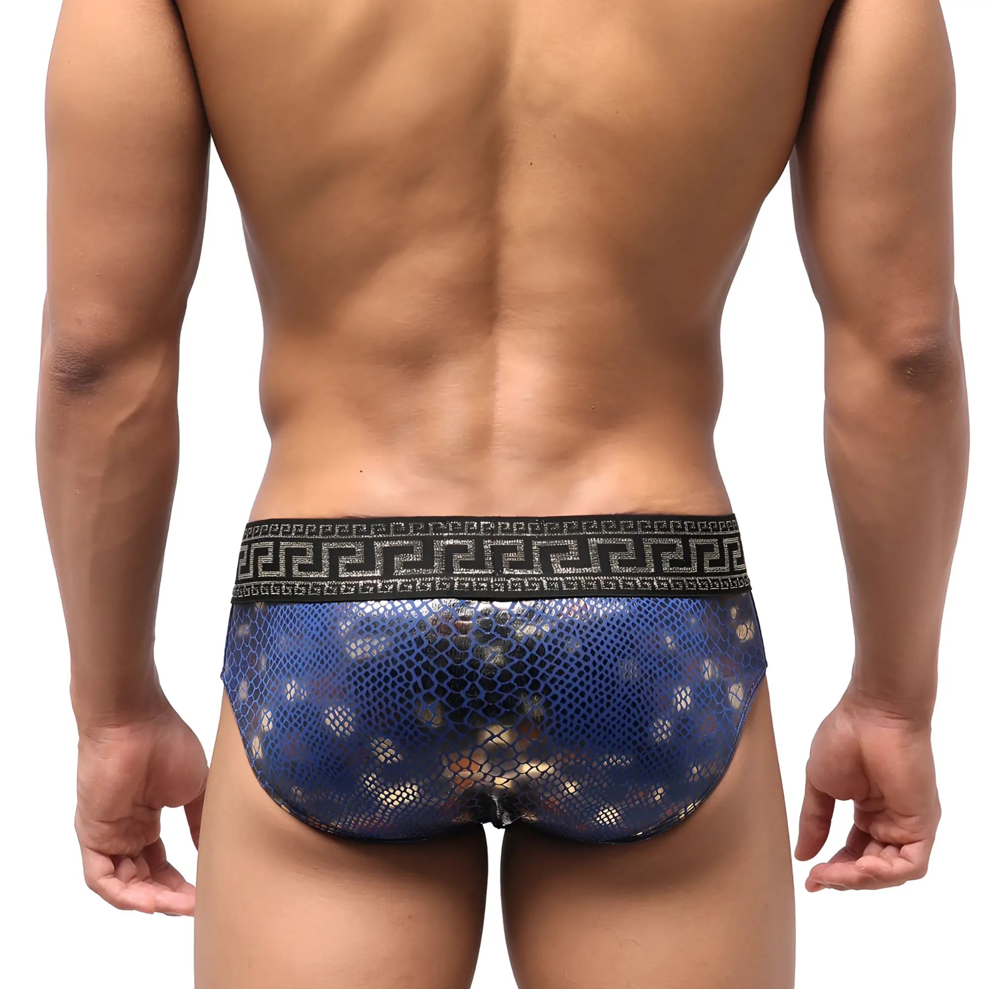 Blue snakeskin-patterned mens briefs with black greek key waistband from MetroMaleWear special edition swim brief