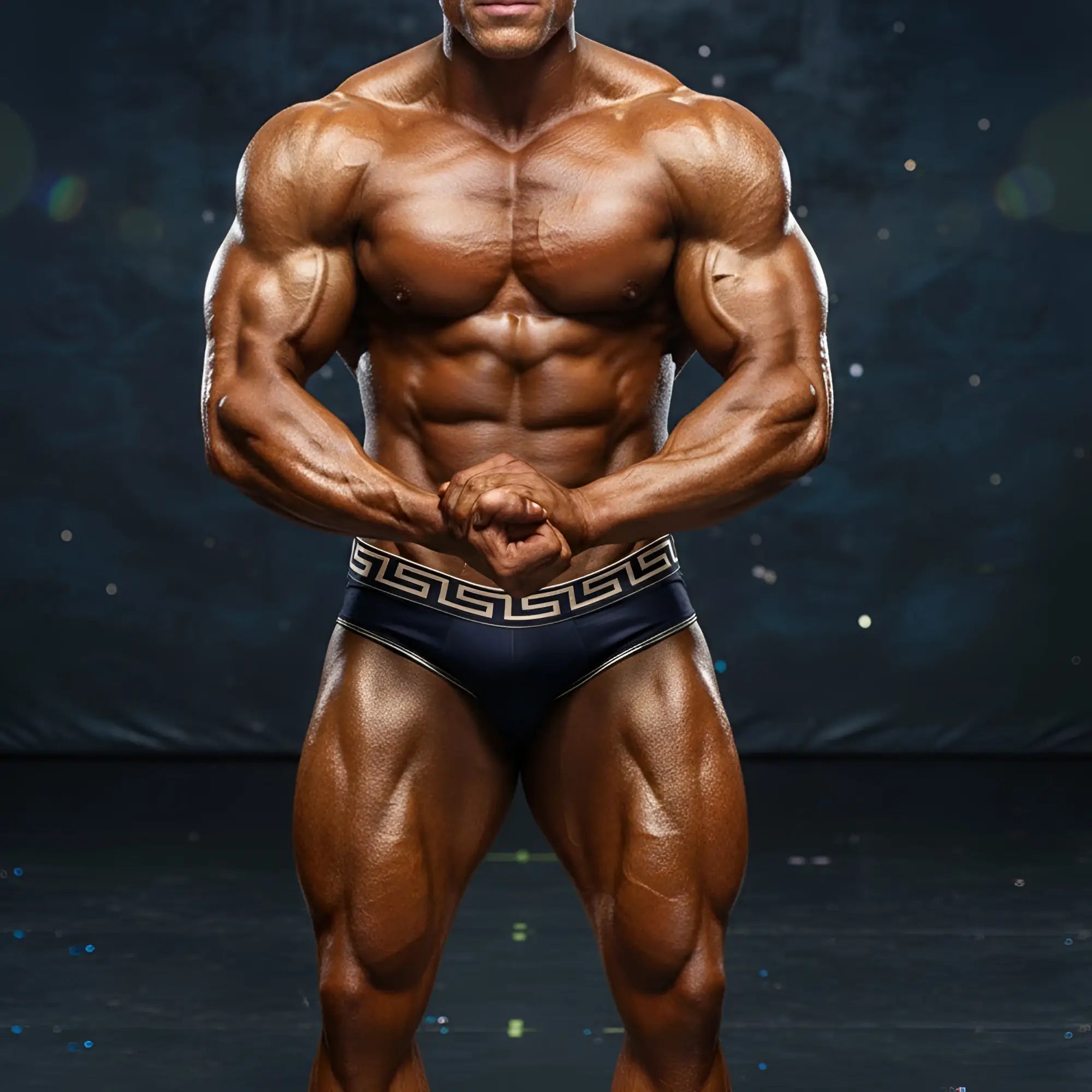 A muscular man wearing dark blue metro male wear special edition grid swim brief with white geometric waistband