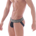 Black athletic briefs with a bold white greek key waistband from MetroMaleWear Special Edition Tribu Jock Strap 3001-51