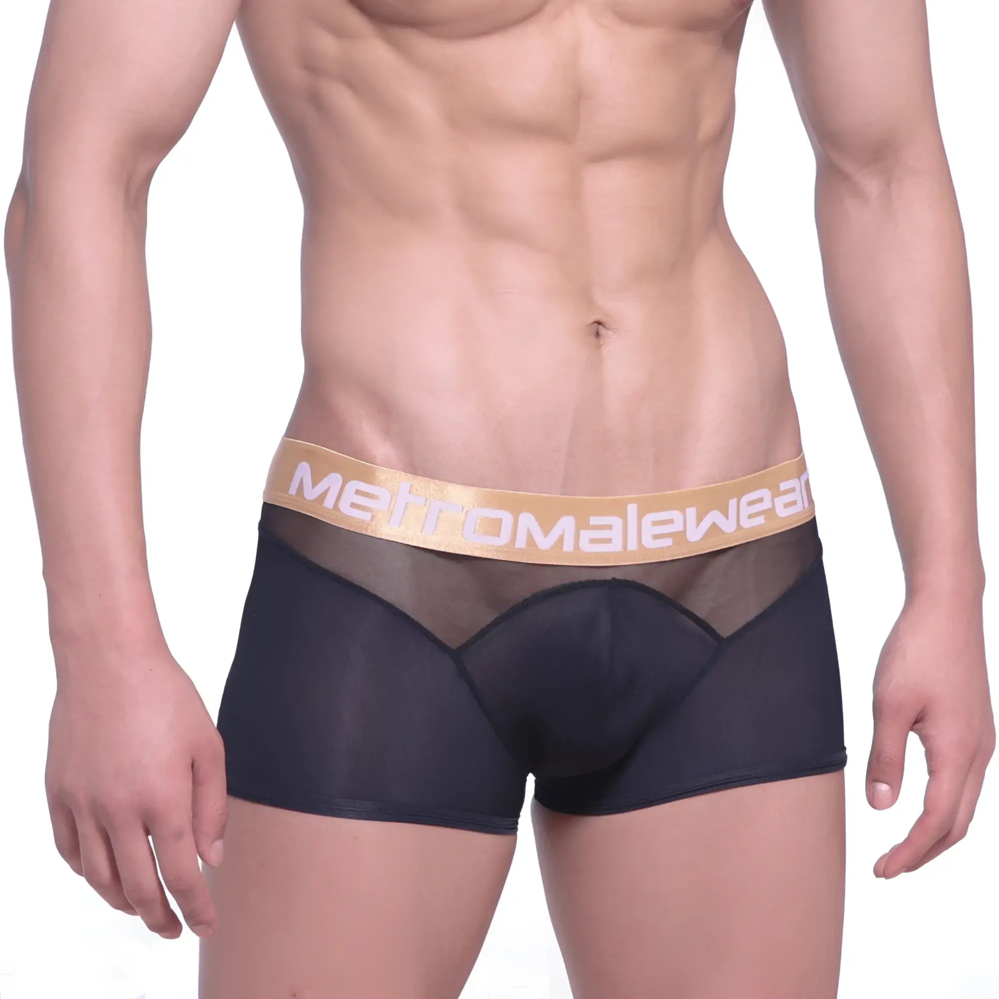 Black mesh boxer briefs with gold metromalewear waistband from MetroMaleWear Speed Mesh Hip Trunk black 2314-20