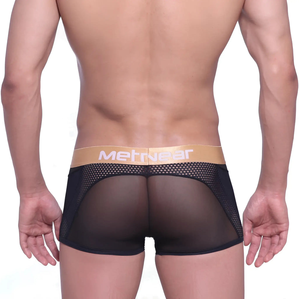 Black mesh briefs with a tan metriwear logo waistband metroMalewear speed mesh hip trunk black 2314-20 front view