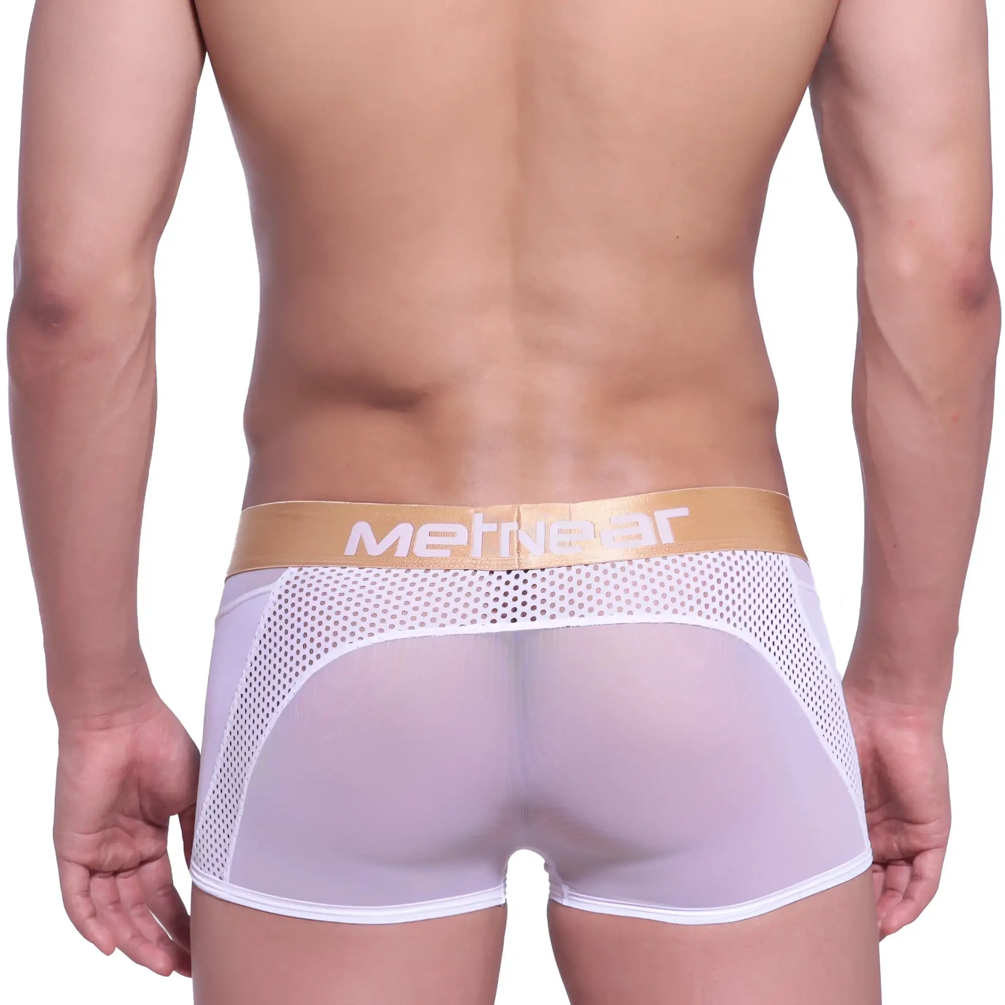 White mesh briefs with gold metgear logo waistband from metromalewear speed mesh hip trunk 2314-00