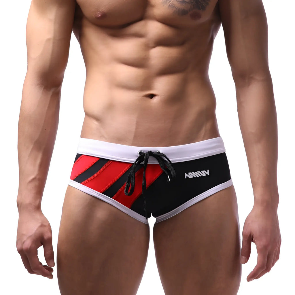 MetroMaleWear Speed Swim Brief red black and red striped with white trim and drawstring waistband for swimming