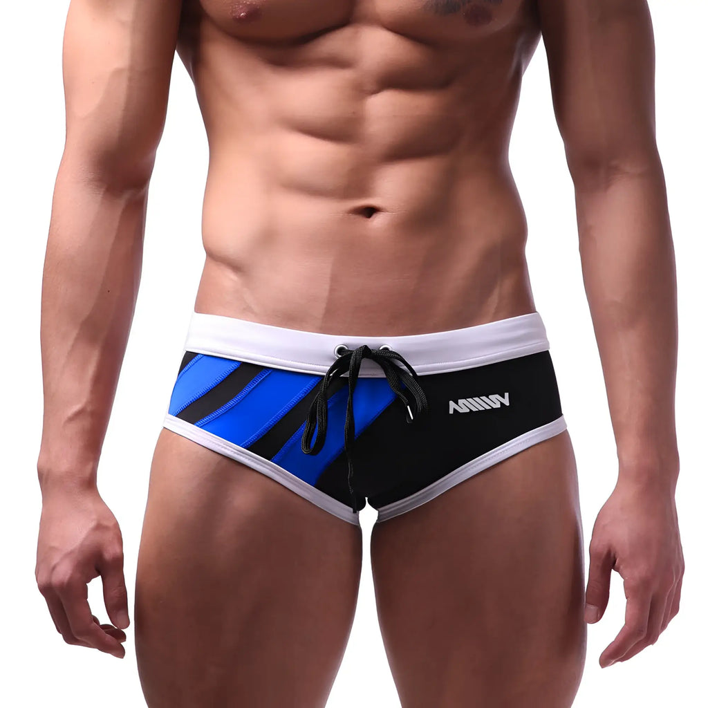 Metro malewear speed swim brief royal blue with blue and black stripes white trim and drawstring waistband