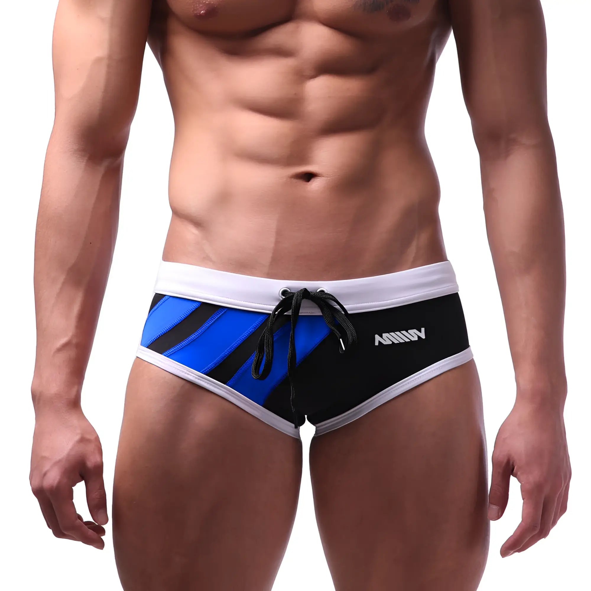 Metro malewear speed swim brief royal blue with blue and black stripes white trim and drawstring waistband