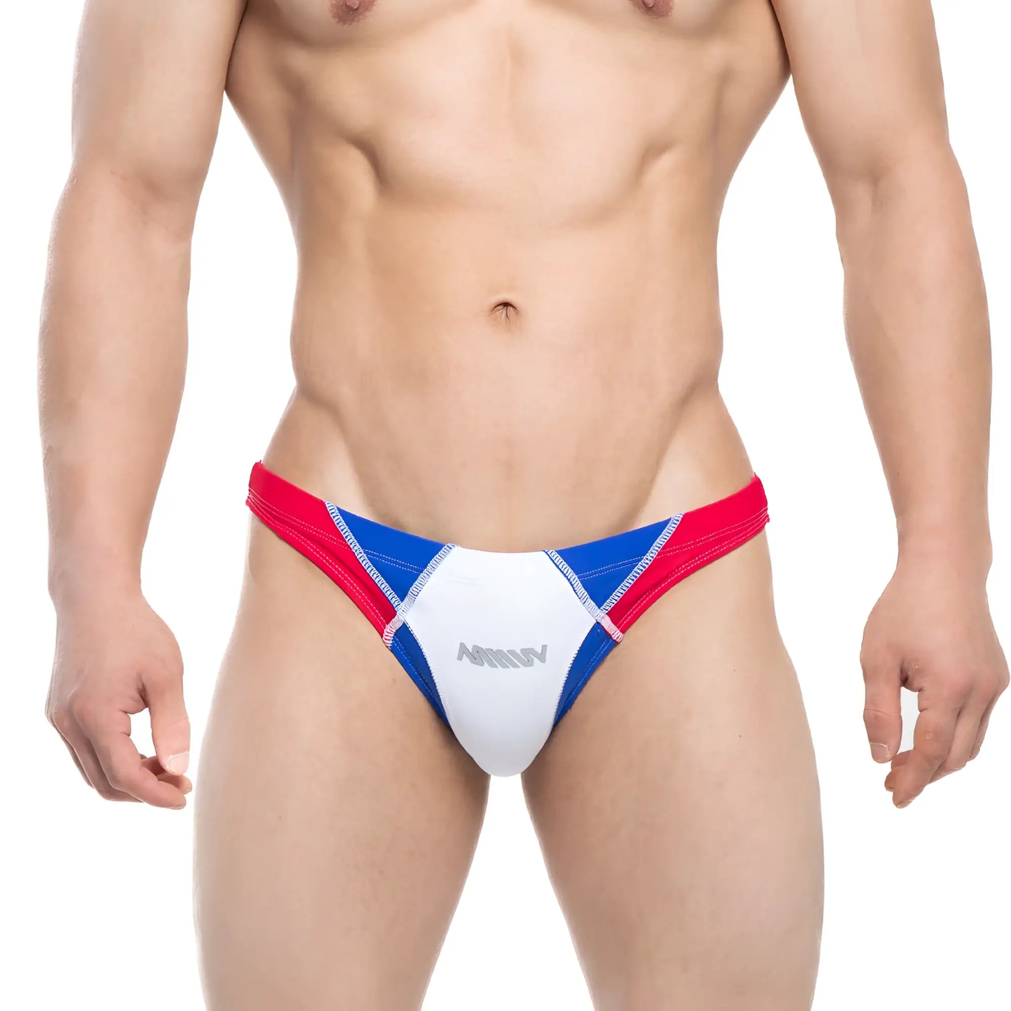 MetroMalewear splash swim bikini blue 4989-18 men’s briefs in red blue and white with silver arrow logo on front
