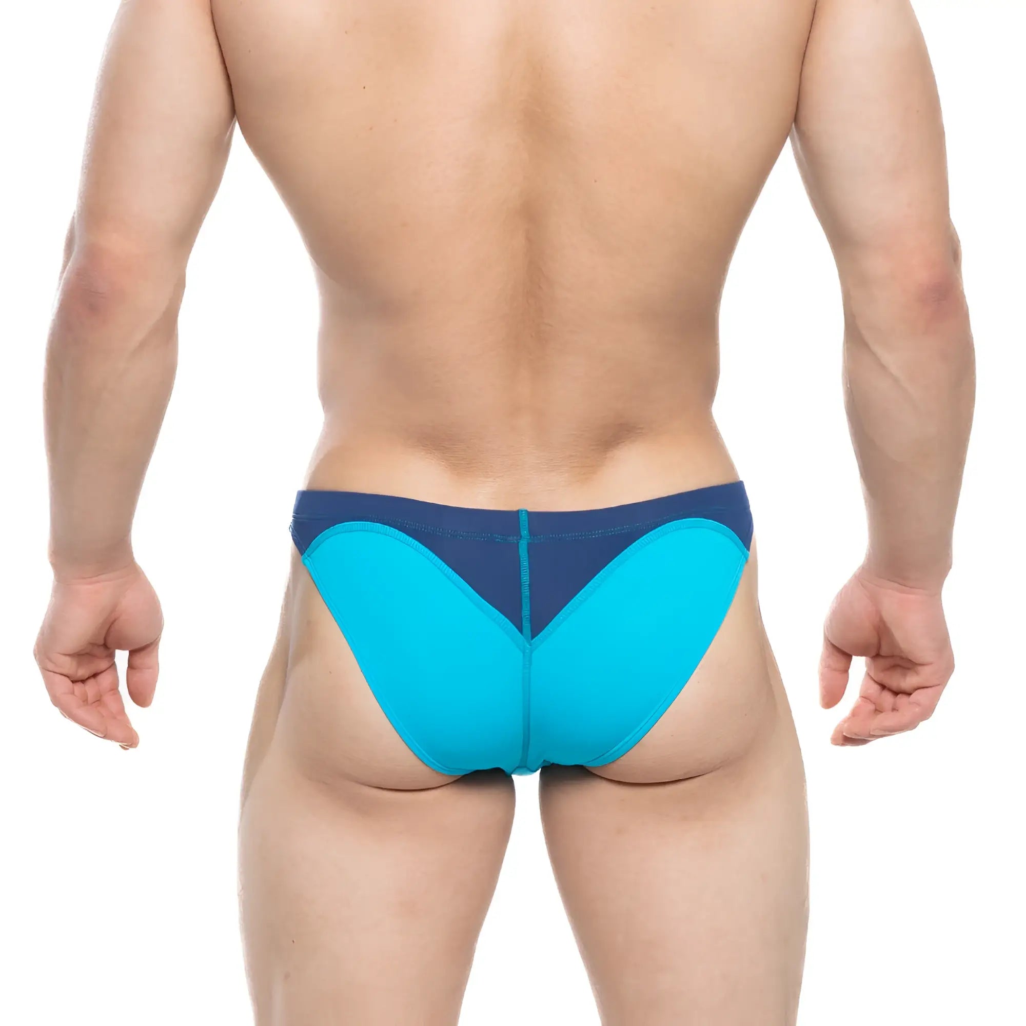 Bright turquoise and navy blue MetroMaleWear Splash Swim Bikini 4989-08 with a sleek, form-fitting athletic design