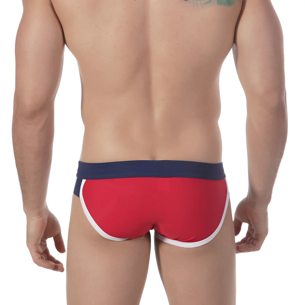 Red swim briefs metroMalewear split swim brief with navy blue waistband and white trim for men