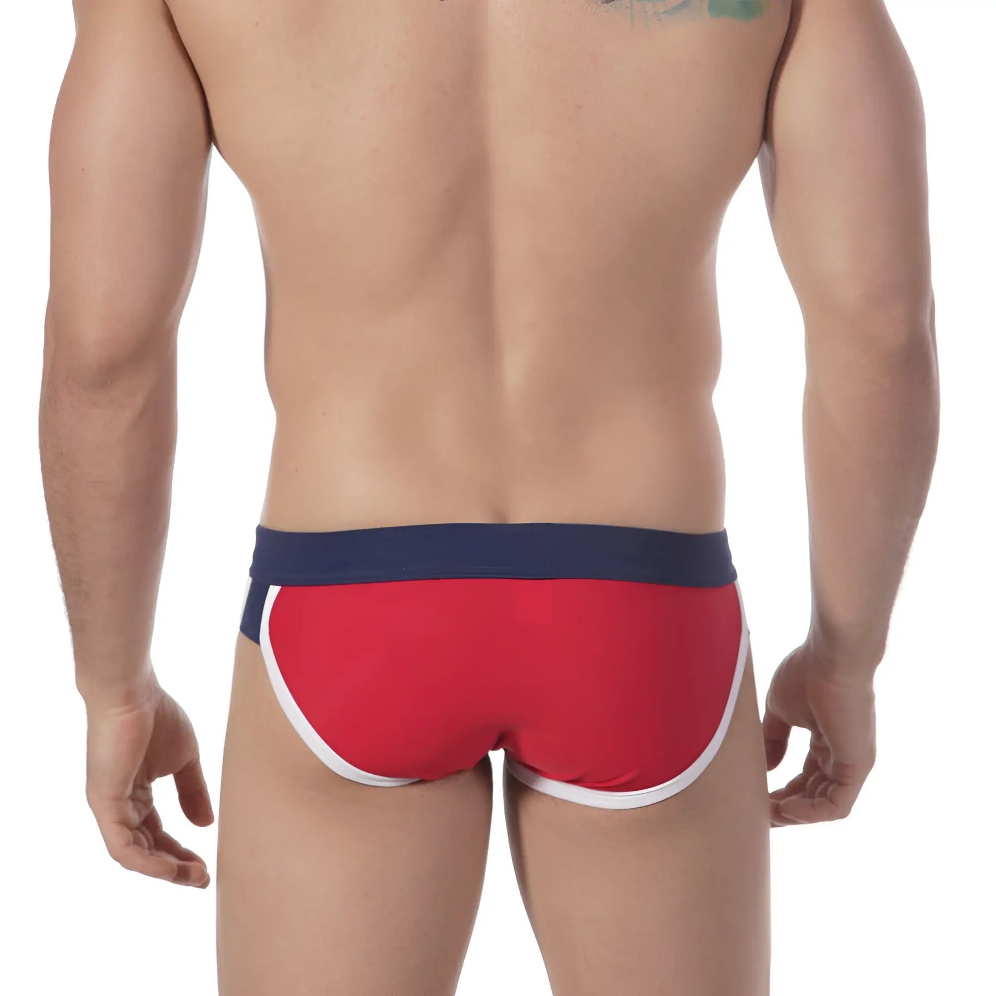 Red swim briefs metroMalewear split swim brief with navy blue waistband and white trim for men