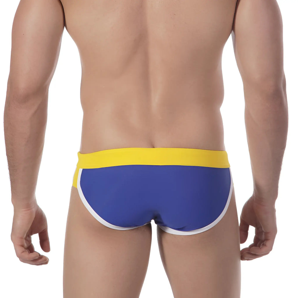 MetroMaleWear split swim brief royal 4923-18 in blue and yellow with white trim designed for swimming use