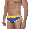 MetroMalewear split swim brief royal 4923-18 in blue and yellow with white trim and a drawstring waistband