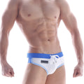 White and blue MetroMaleWear split swim brief with drawstring waistband designed for comfortable swimming