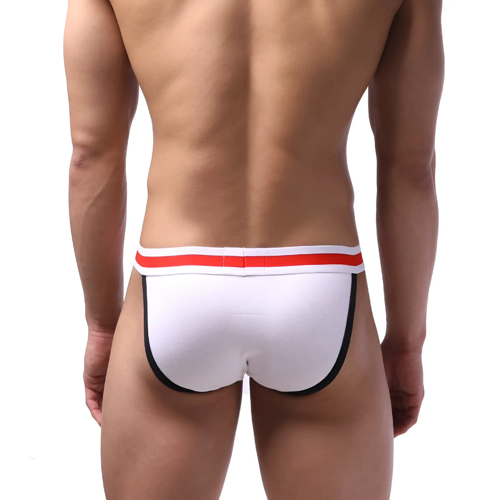 White MetroMaleWear sport bikini briefs with red and white striped waistband and black trim along the legs