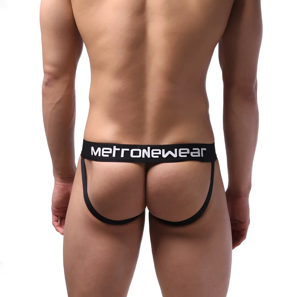Black metronewear sport jock strap briefs with wide waistband and supportive leg straps for active use