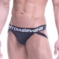 Black athletic briefs with wide waistband featuring metromale wear logo in white for sports jock thong 2901-20