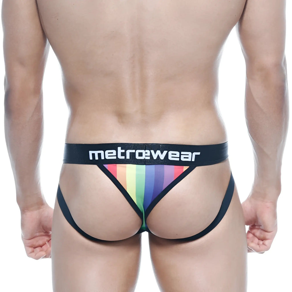 Black metrowear sports jock thong briefs with vibrant rainbow stripe across the front for active use