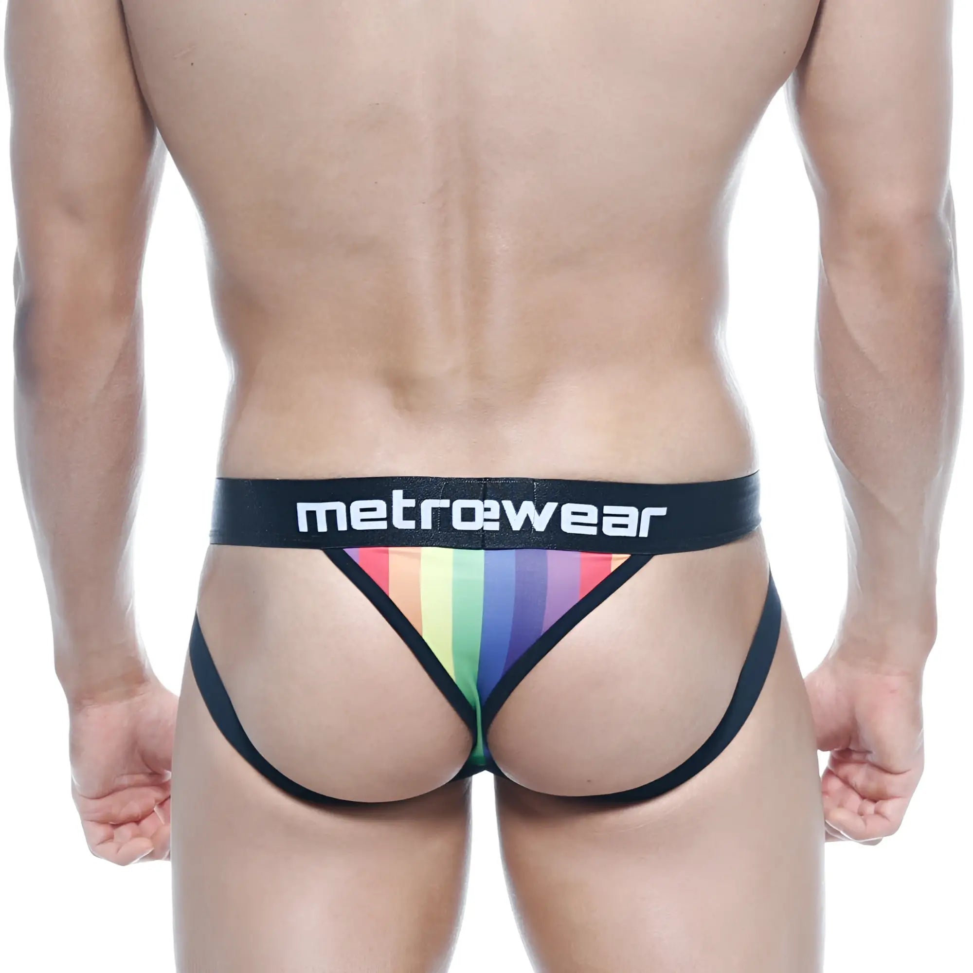 Black metrowear sports jock thong briefs with vibrant rainbow stripe across the front for active use