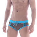 Blue and brown mesh swim trunks with drawstring waistband from MetroMaleWear sports swim brief coffee 4924-23