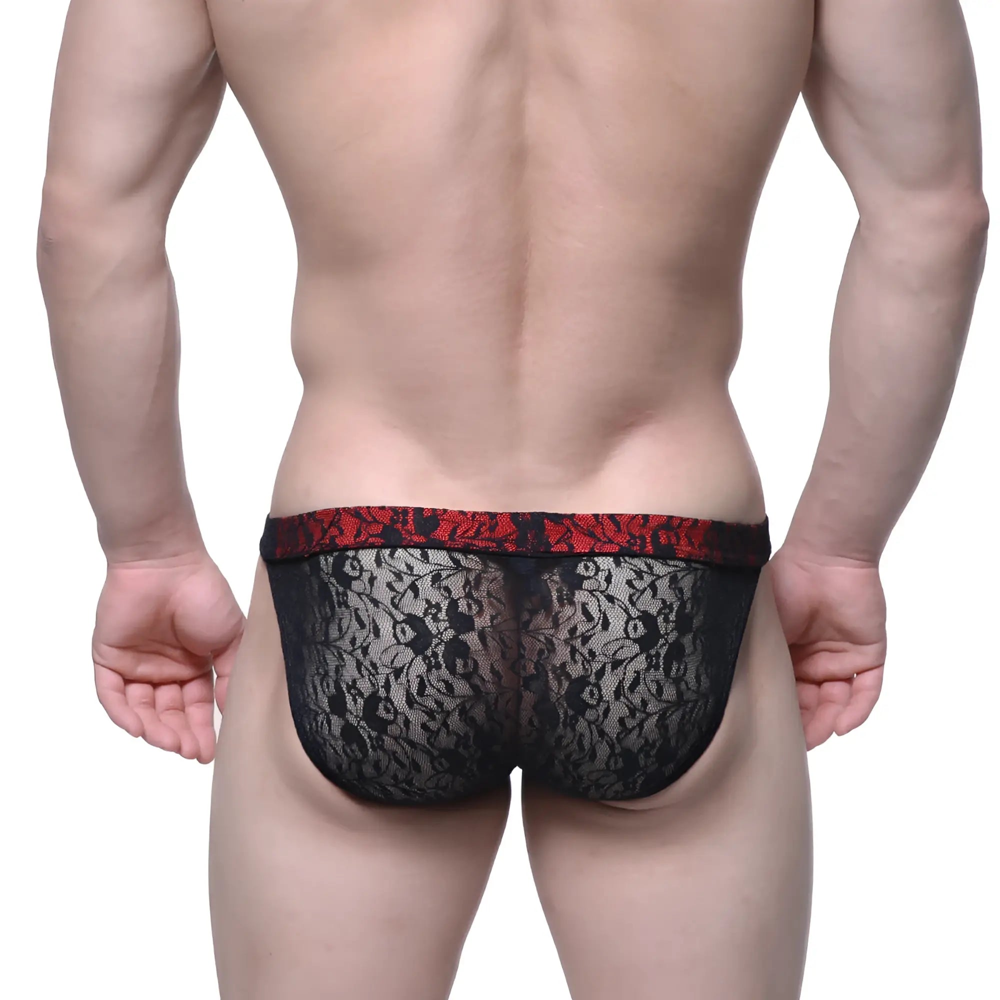 Black lace briefs with red floral patterned waistband from metromalewear spy glass bikini black 3004-81 collection