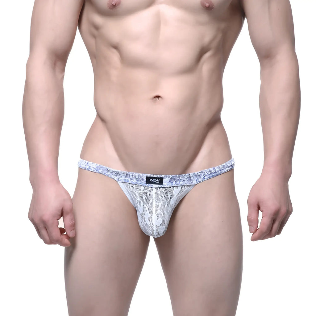 White lace thong bikini with blue patterned waistband and black logo tag from MetroMaleWear Spy Glass collection
