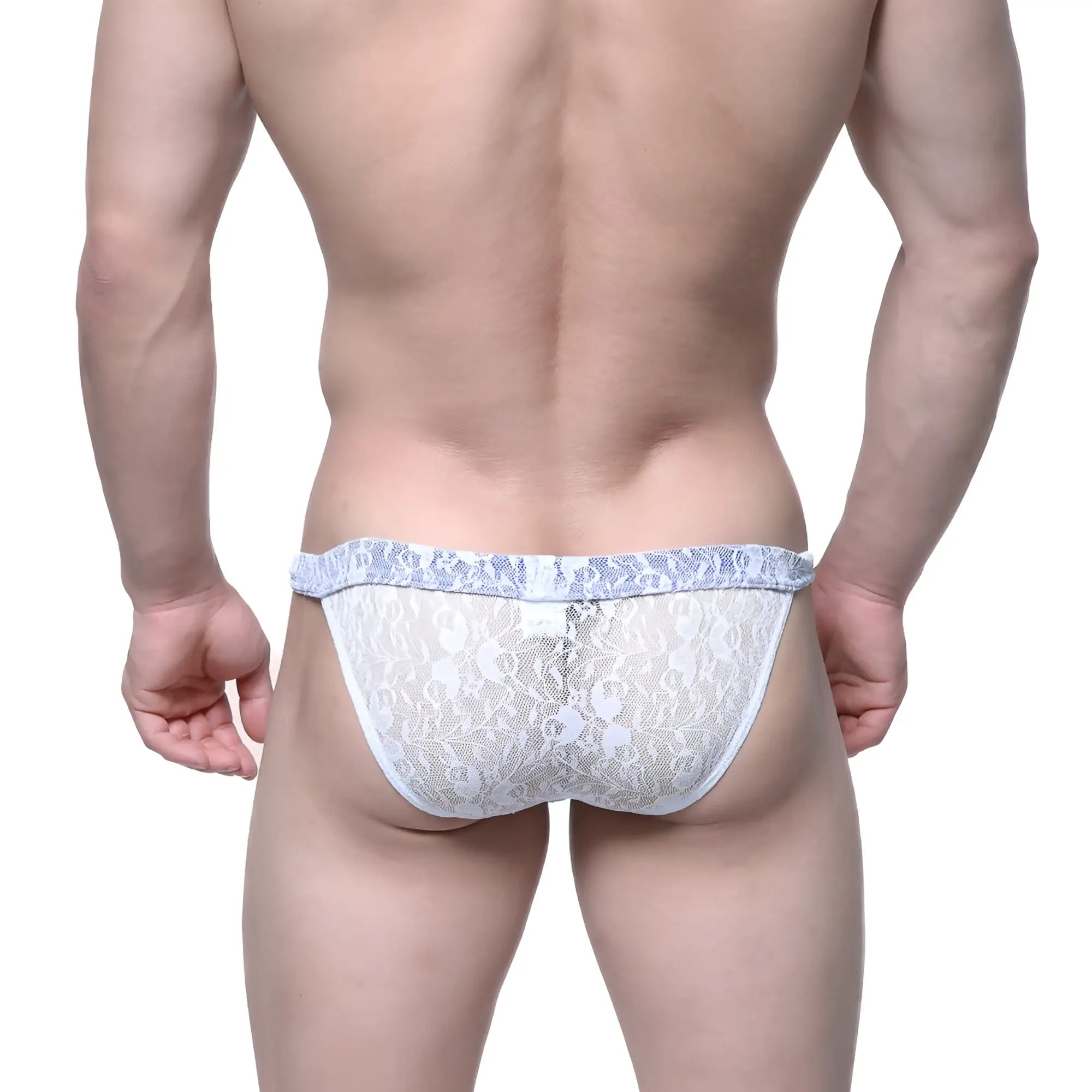 White lace thong with delicate floral pattern and light blue trim from metromalewear spy glass bikini ivory 3004-82
