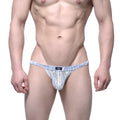 White lace thong with blue patterned waistband and small black logo tag from metromalewear spy glass thong ivory 4002-81
