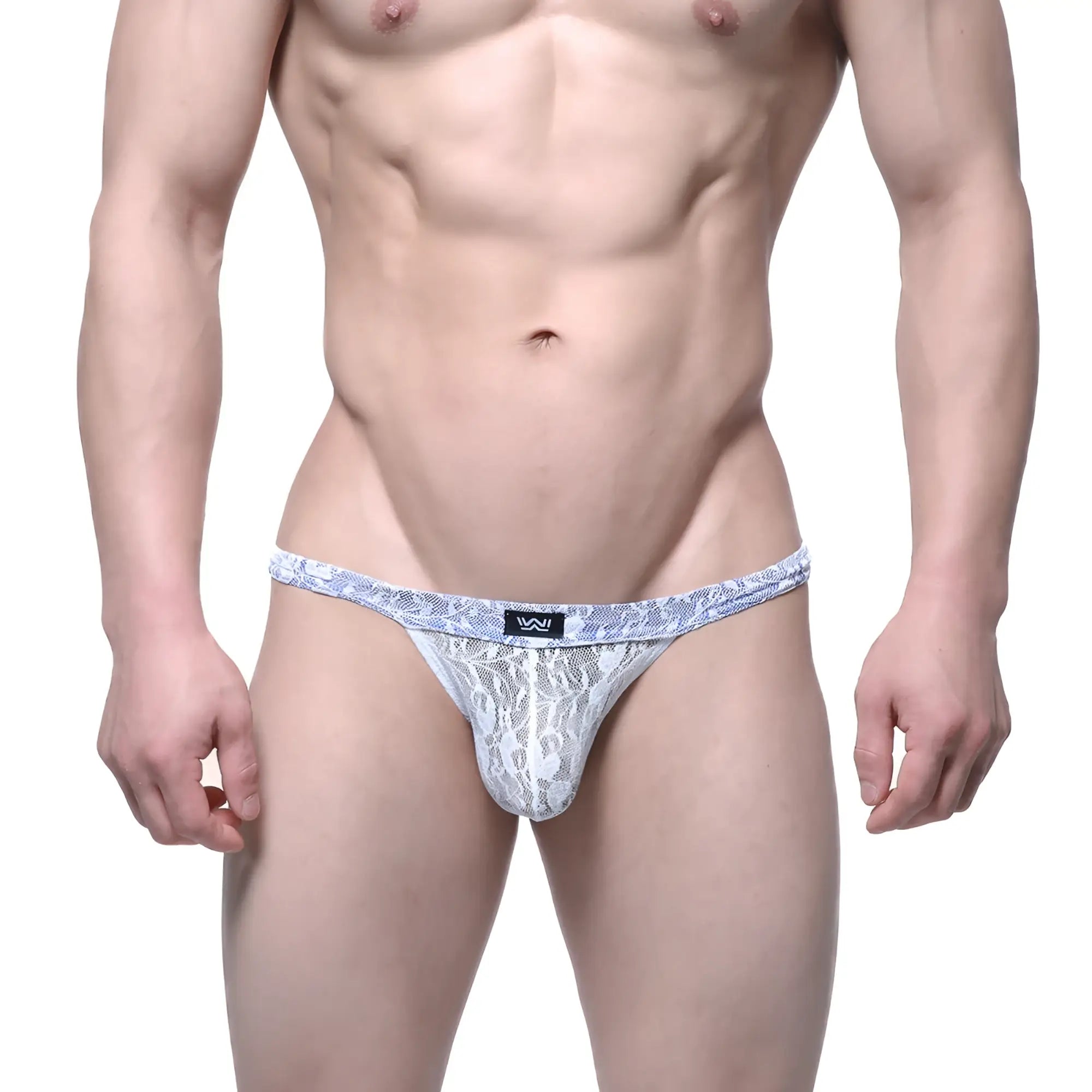 White lace thong with blue patterned waistband and small black logo tag from metromalewear spy glass thong ivory 4002-81