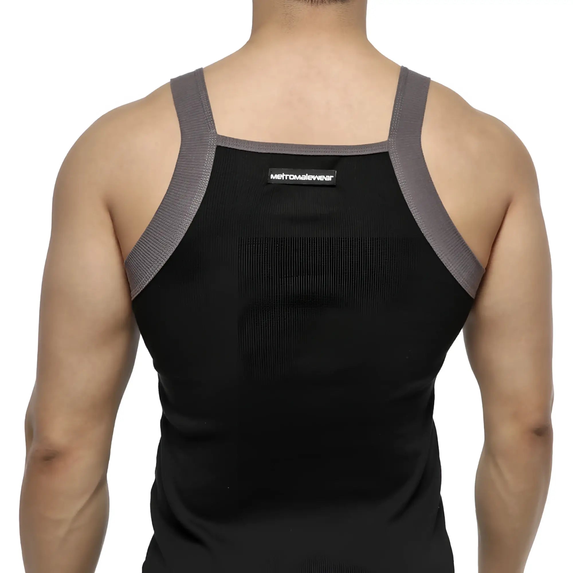 Black and gray MetroMaleWear square cut athletic tank top with ribbed shoulder straps for active wear