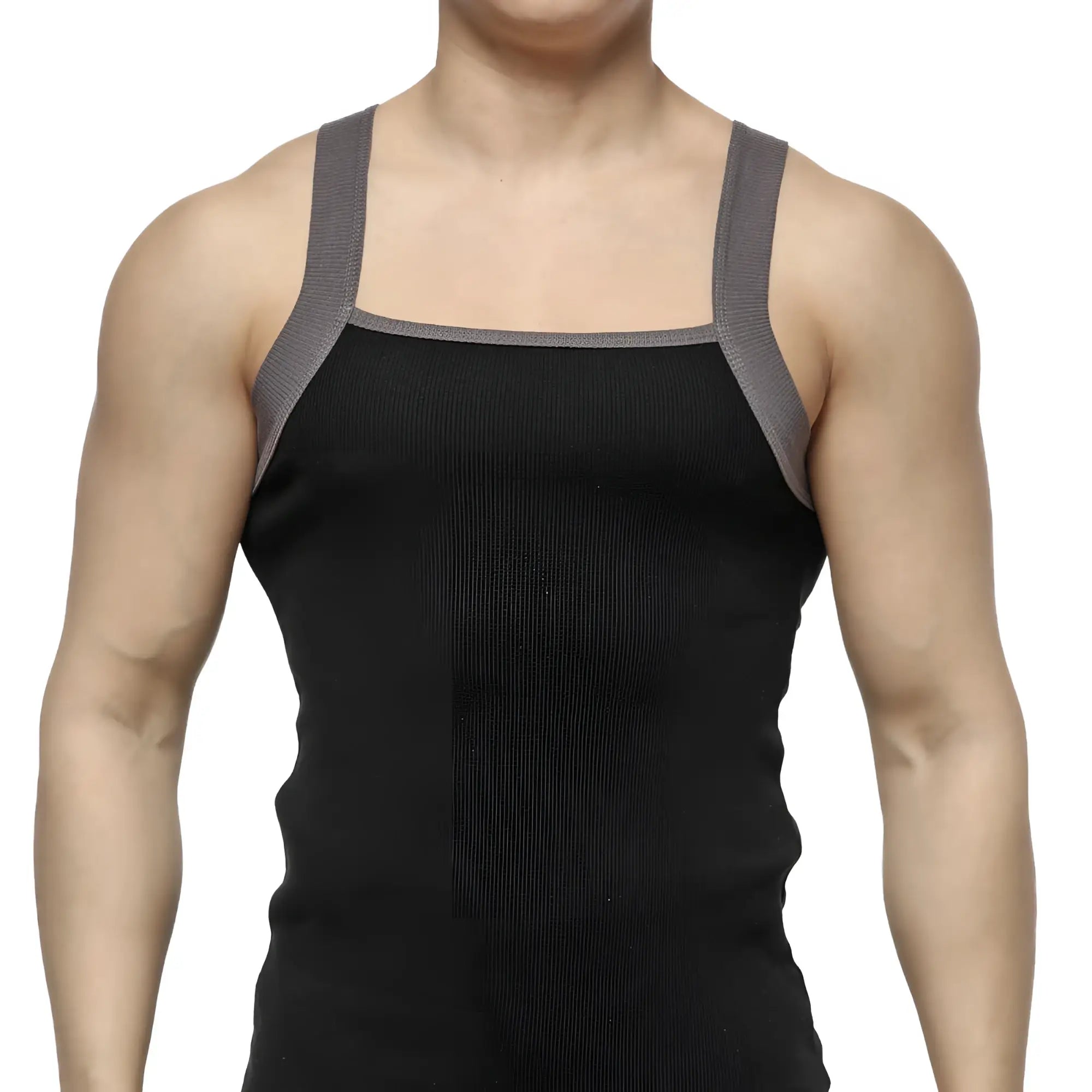 MetroMaleWear square cut tank top black ribbed fabric with gray reinforced shoulder straps for comfortable wear