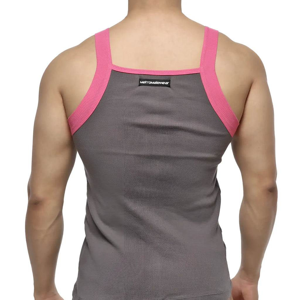 Back view of metro male wear square cut gray ribbed tank top with pink shoulder straps and black brand tag