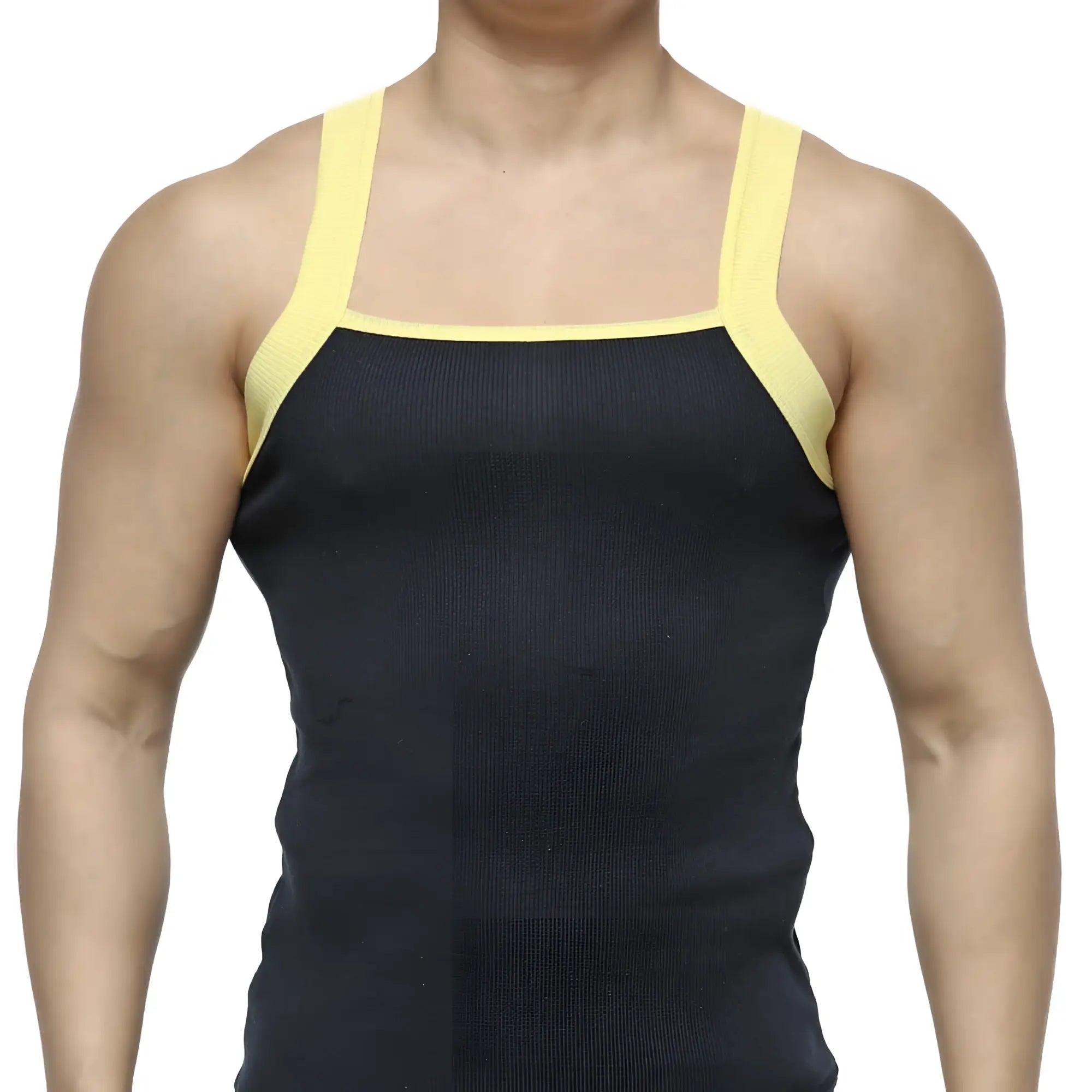 MetroMaleWear square cut tank top navy 3125-28 black ribbed fabric with contrasting yellow shoulder straps