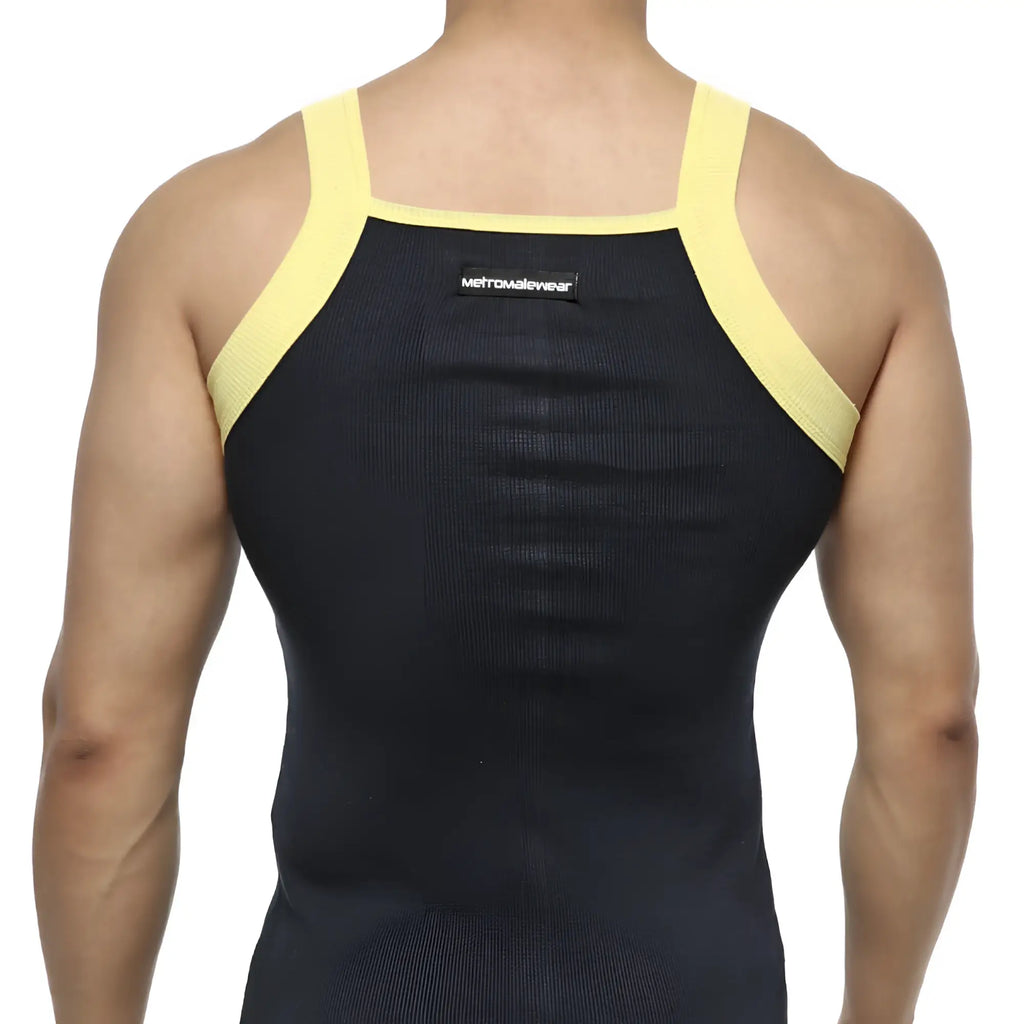 Black and yellow metroMaleWear athletic tank top with ribbed fabric and square cut design for active wear