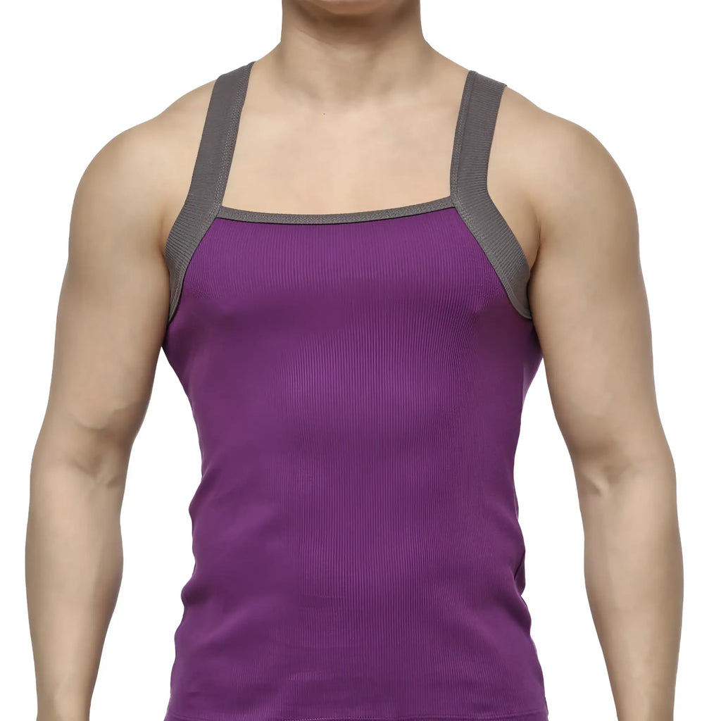 MetroMaleWear square cut purple ribbed tank top with gray shoulder straps made of soft breathable fabric