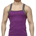 MetroMaleWear square cut purple ribbed tank top with gray shoulder straps made of soft breathable fabric