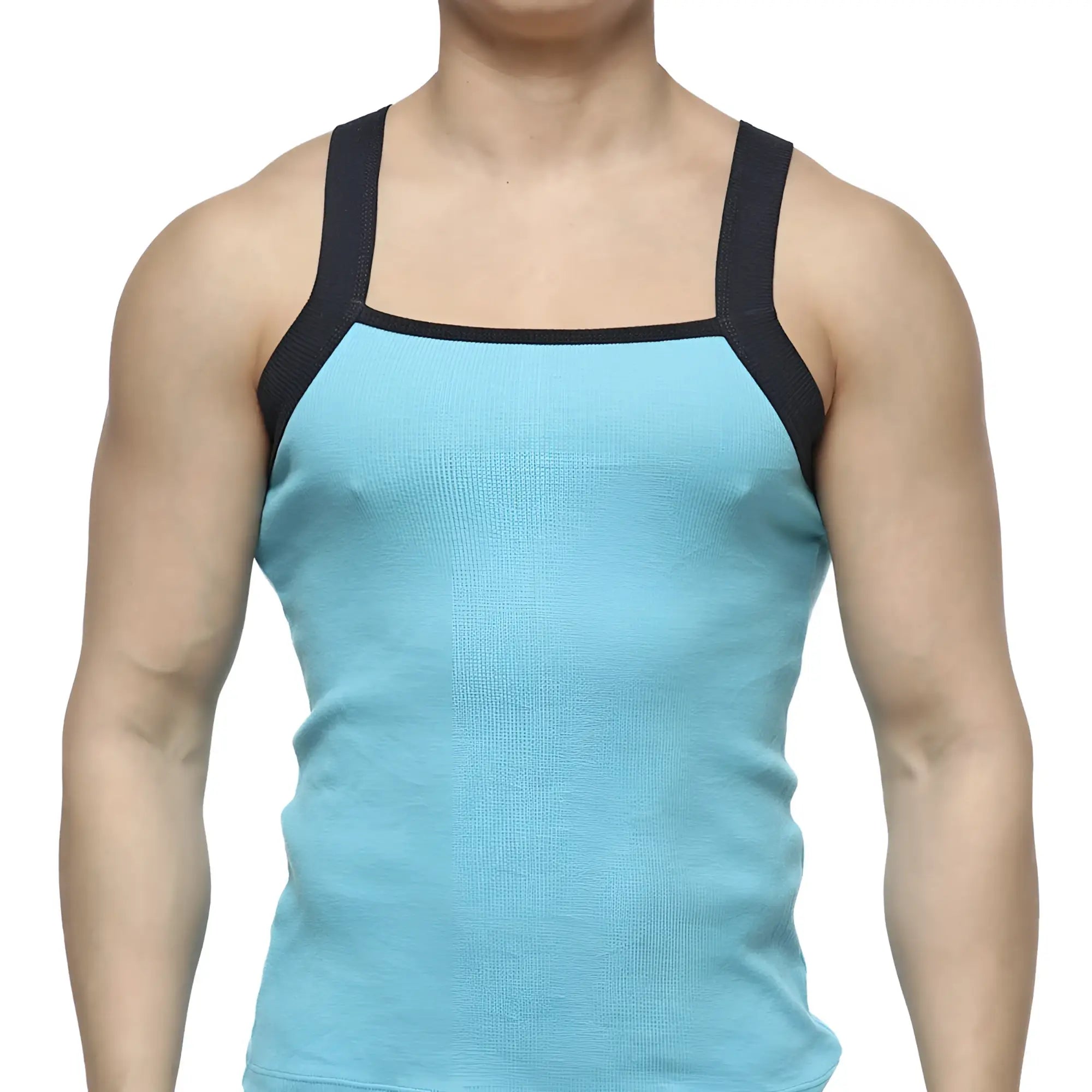 Light blue ribbed metroMalewear square cut tank top with black shoulder straps in turquoise for casual wear